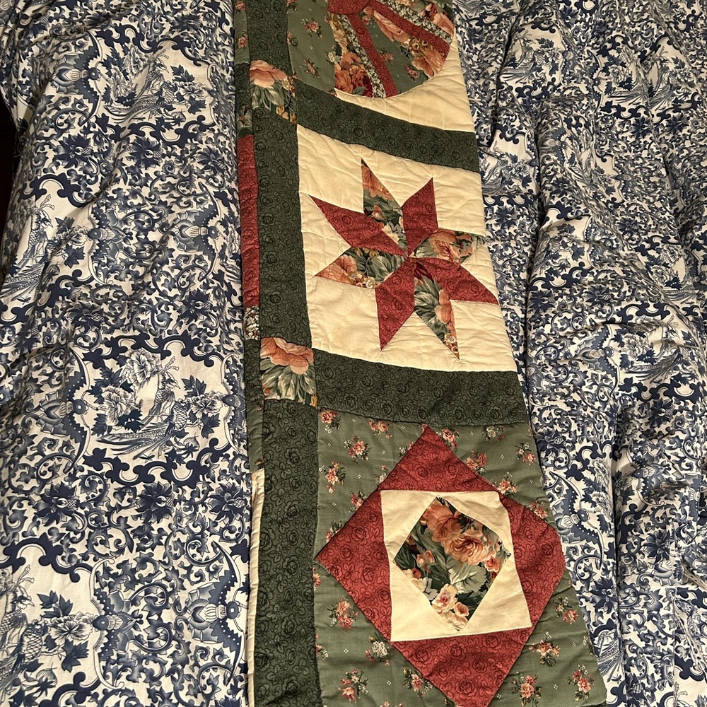 Patchwork Quilted large pillow case with Red and Green Accents 16”x50”